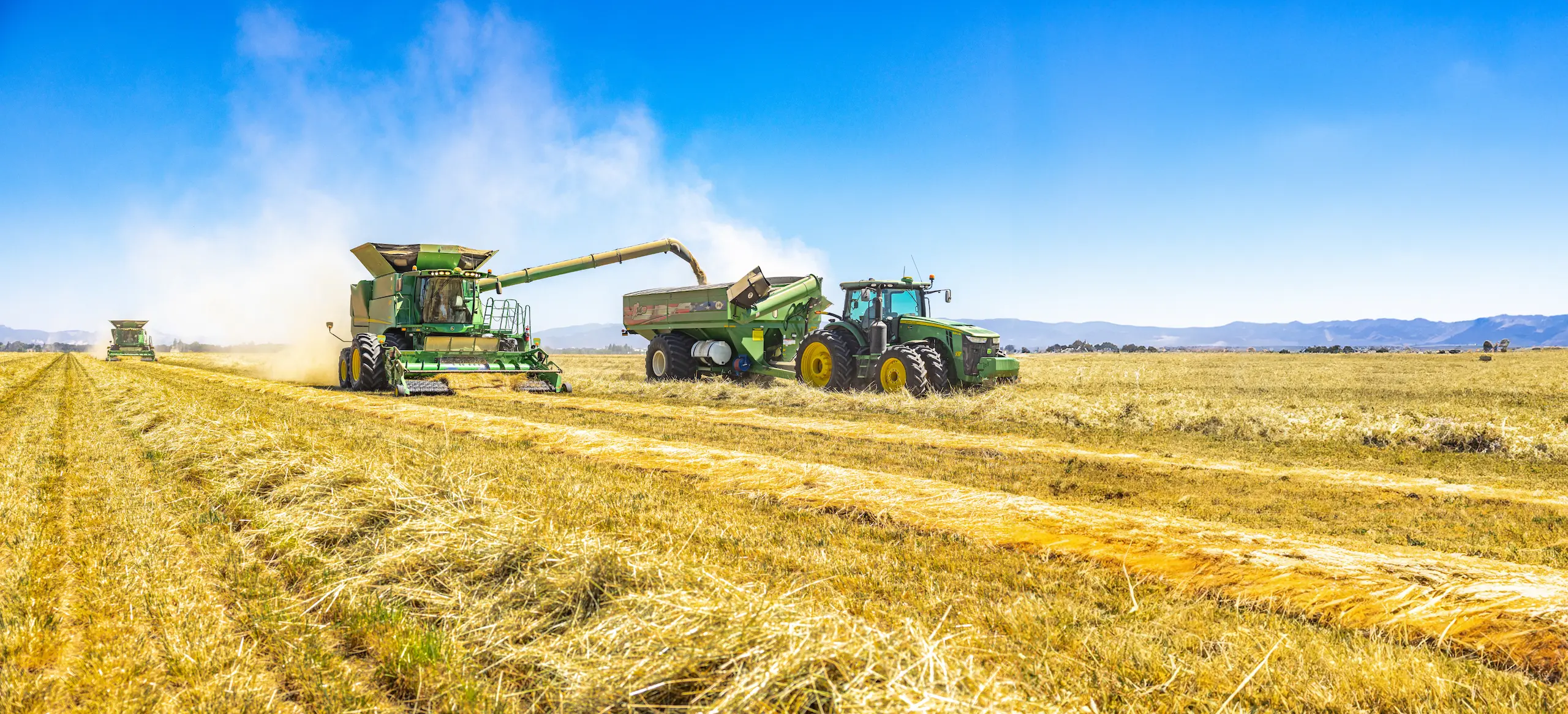 Combine harvester unloading grain into cart