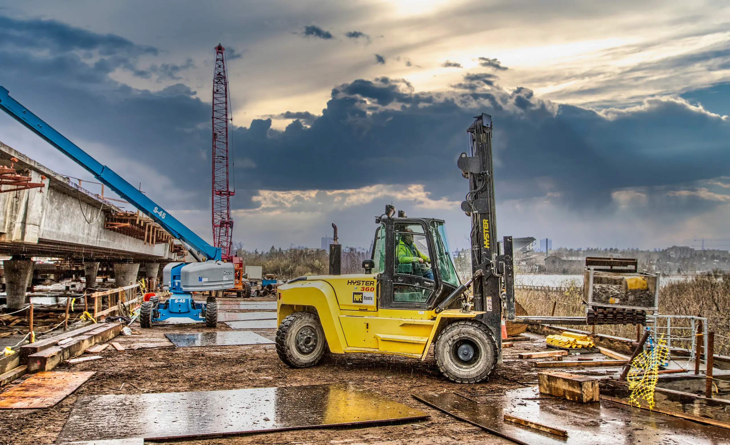 Hyster forklift at bridge construction site