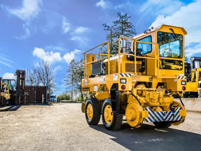 Yellow compactor machine parked in lot